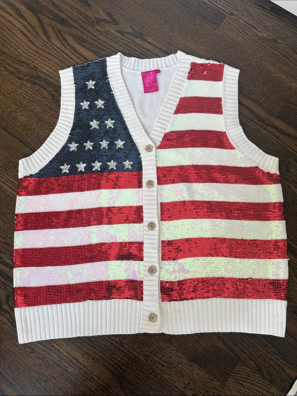 Queen of Sparkles Sequin American Flag Sweater Vest - Red, White & Blue
